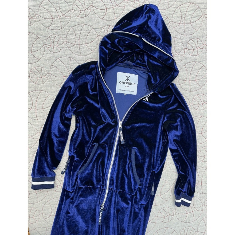 Onepiece Original Velour Kids Jumpsuit Navy Hooded Full Zip Lounge Size 122 7/8
